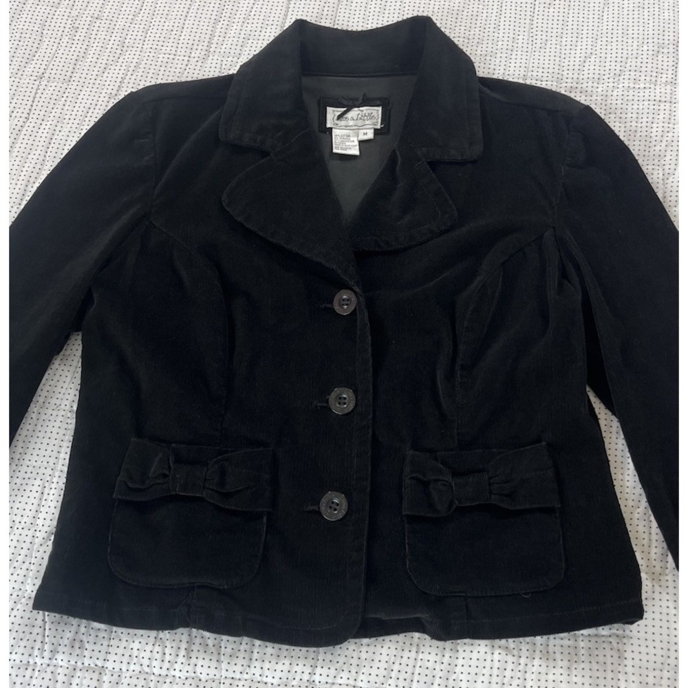 Live A little Black Corduroy Jacket Women Sz Med Y2K Button Bow Pockets Gilmore
